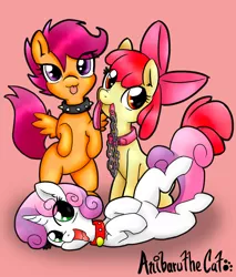 Size: 1488x1748 | Tagged: safe, artist:anibaruthecat, derpibooru import, apple bloom, scootaloo, sweetie belle, comic:a different sort of pet, collar, cover, cover art, cute, cutie mark crusaders, leash, pet play, pet tag, scootapet, tongue out