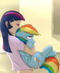 Size: 1476x1796 | Tagged: safe, artist:captainpudgemuffin, derpibooru import, rainbow dash, twilight sparkle, human, pony, annoyed, captainpudgemuffin is trying to murder us, clothes, cropped, cuddling, cute, female, floppy ears, fluffy, glare, grumpy, hand on butt, holding a pony, hug, human on pony snuggling, humanized, kitchen, lesbian, lidded eyes, midriff, non-consensual cuddling, shipping, short shirt, snuggling, t-shirt, twidash