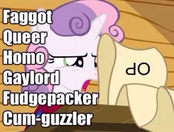 Size: 960x730 | Tagged: czubox, derpibooru import, image macro, meme, one bad apple, op is a faggot, reaction image, safe, slur, solo, sweetie belle, vulgar