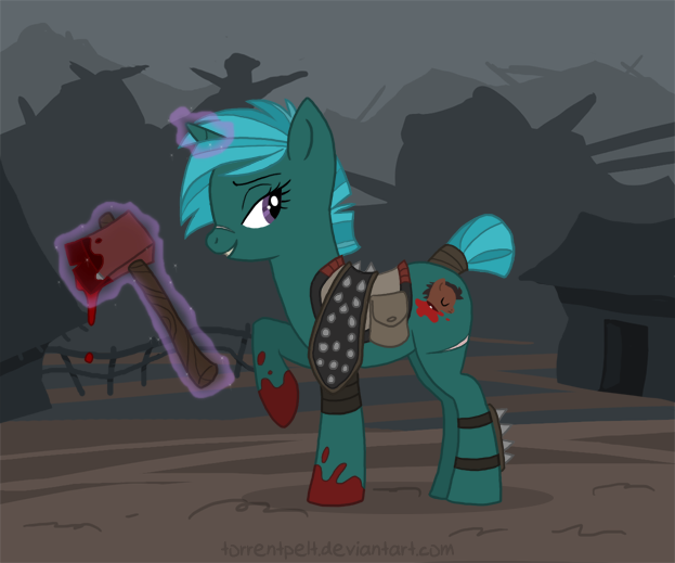 Size: 623x519 | Tagged: semi-grimdark, artist:torrentpelt, derpibooru import, oc, unofficial characters only, pony, unicorn, fallout equestria, axe, blood, bloody axe, clothes, female, implied decapitation, implied murder, levitation, magic, mare, raider, saddle bag, telekinesis