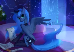 Size: 1920x1357 | Tagged: dead source, source needed, safe, artist:bonehoard, derpibooru import, princess luna, alicorn, pony, clothes, cute, diagram, female, herbal, i can't believe it's not tomatocoup, indoors, looking at you, lunabetes, mare, plant, reading, scroll, sitting, socks, solo, voynich manuscript