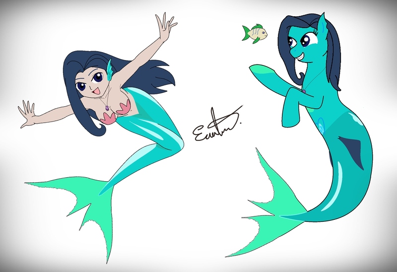 Size: 1973x1351 | Tagged: armpits, artist:estevangel, belly button, derpibooru import, fish, mermaid, merpony, oc, oc:silvernaqua, safe, siren, starfish, starfish bra, unofficial characters only