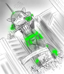 Size: 743x850 | Tagged: safe, artist:alloyrabbit, derpibooru import, oc, oc:p.o.n.e., oc:ultramare, unofficial characters only, pony, annoyed, bored, building, city, cityscape, cosplay, crowd, eva unit 01, giant pony, karaoke, macro, mech suit, neon genesis evangelion, stage, thousand yard stare