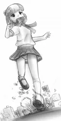 Size: 638x1267 | Tagged: artist:alloyrabbit, belly button, building, bus, car, city, clothes, coco pommel, destruction, frilly underwear, giantess, grayscale, human, humanized, macro, mary janes, midriff, monochrome, mound of venus, panties, running, schoolgirl toast, skirt, solo, suggestive, underwear, upskirt, worried