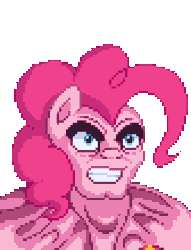 Size: 336x440 | Tagged: animated, artist:mrponiator, derpibooru import, doom, doom comic, doomguy, glare, gritted teeth, hoof hold, manly, meme, muscles, open mouth, parody, party popper, pinkie pie, pinkie pump, pixel art, rip and tear, safe, simple background, solo, talking, transparent background, yelling