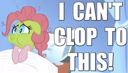 Size: 750x425 | Tagged: applebuck season, bed, caption, derpibooru import, edit, edited screencap, floppy ears, frown, image macro, implied masturbation, messy mane, pillow, pinkie pie, puffy cheeks, reaction image, screencap, sheet, sick, solo, suggestive, wide eyes