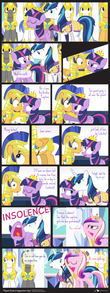 Size: 840x2243 | Tagged: safe, artist:dm29, derpibooru import, flash sentry, princess cadance, shining armor, twilight sparkle, twilight sparkle (alicorn), alicorn, pony, armor, comic, crystal castle, eye contact, eyes closed, female, femdom, flashlight, frown, glare, magic, male, mare, open mouth, pointing, poking, riding crop, royal guard, salute, shipping, smiling, straight, telekinesis, wide eyes, yelling