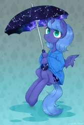 Size: 507x759 | Tagged: safe, artist:divided-s, derpibooru import, princess luna, alicorn, pony, both cutie marks, clothes, colored pupils, constellation, cute, lunabetes, s1 luna, solo, umbrella