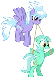 Size: 6378x8862 | Tagged: safe, artist:cultleaderfluttershy, derpibooru import, cloudchaser, lyra heartstrings, pegasus, pony, unicorn, absurd resolution, bipedal, humie, mouth hold, rope, simple background, transparent background, vector