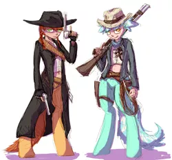 Size: 1460x1354 | Tagged: artist:nobody, clothes, cowboy hat, derpibooru import, gun, hat, oc, oc:cinnamon cider, oc:hope, parent:applejack, parent:lyra heartstrings, safe, satyr, trigger discipline, unofficial characters only