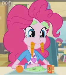 Size: 412x467 | Tagged: safe, derpibooru import, screencap, pinkie pie, walrus, equestria girls, rainbow rocks, carrot, cute, diapinkes, female, food, foodplay, smiling, solo