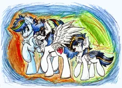 Size: 2088x1505 | Tagged: safe, artist:iroxykun, derpibooru import, oc, oc:frozen soul, oc:paper wings, oc:secret chord, unofficial characters only, pony, colt, family, gay, male, oc x oc, stallion