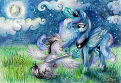 Size: 1075x744 | Tagged: accolade, artist:dearmary, grass, knighting, night, oc, pencil drawing, princess luna, safe, sword, traditional art