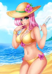 Size: 600x849 | Tagged: adorasexy, artist:racoonsan, art pack:my little sweetheart, art pack:my little sweetheart 3, beach, belly button, big breasts, bikini, breasts, busty fluttershy, clothes, cute, derpibooru import, female, fluttershy, food, human, humanized, ice cream, midriff, my little sweetheart, my little sweetheart 3, popsicle, sea salt ice cream, sexy, shyabetes, sleeveless, solo, solo female, suggestive, swimsuit