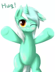 Size: 2700x3507 | Tagged: safe, artist:coma392, derpibooru import, lyra heartstrings, pony, unicorn, bipedal, blushing, cute, ear down, female, high res, hug, hug request, lyrabetes, mare, one eye closed, pixiv, simple background, white background