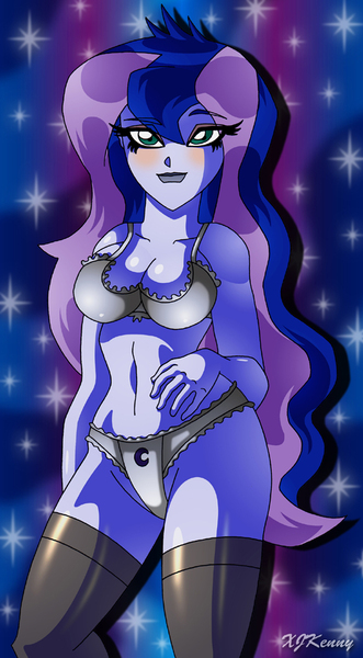 Size: 550x997 | Tagged: suggestive, artist:xjkenny, derpibooru import, princess luna, equestria girls, belly button, bra, breasts, busty princess luna, cleavage, clothes, cutie mark underwear, female, frilly underwear, lingerie, panties, solo, solo female, stockings, thigh highs, underwear, vice principal luna