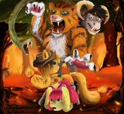 Size: 6000x5500 | Tagged: absurd resolution, apple bloom, applejack, artist:vittorionobile, chimera, chimera sisters, crying, derpibooru import, fireproof boots, multiple heads, safe, somepony to watch over me, three heads