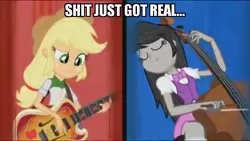 Size: 800x451 | Tagged: safe, derpibooru import, edit, edited screencap, screencap, applejack, octavia melody, equestria girls, rainbow rocks, caption, cello, eyes closed, female, guitar, meme, musical instrument