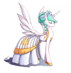 Size: 1000x1032 | Tagged: alicorn, alternate hairstyle, artist:grasspainter, clothes, cute, cutelestia, derpibooru import, dress, eye clipping through hair, eyes closed, hoof shoes, princess celestia, safe, simple background, smiling, solo, spread wings, white background