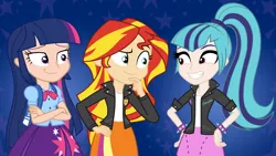 Size: 3840x2160 | Tagged: safe, artist:nano23823, artist:sebisscout1997, artist:strumfreak, derpibooru import, edit, sonata dusk, sunset shimmer, twilight sparkle, equestria girls, rainbow rocks, clothes, human coloration, jacket, vector, wallpaper