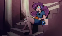 Size: 2320x1376 | Tagged: artist:herny, barefoot, book, bottomless, clothes, coffee, derpibooru import, donut, feet, female, frown, headphones, human, humanized, luna-afterdark, mug, nail polish, princess luna, reading, safe, shirt, sitting, solo