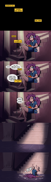 Size: 1200x4224 | Tagged: announcer, annoyed, artist:herny, barefoot, book, bottomless, clothes, coffee, coffee mug, crossed legs, donut, eyes closed, faceplant, feet, fourth wall, frown, gritted teeth, headphones, human, humanized, luna-afterdark, magazine, mug, nail polish, princess luna, reading, safe, shirt, sitting, solo, stairs, tumblr