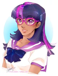 Size: 810x1053 | Tagged: artist:ddhew, clothes, derpibooru import, fuku, glasses, human, humanized, safe, sailor uniform, schoolgirl, school uniform, smiling, solo, twilight sparkle