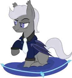 Size: 2888x3108 | Tagged: safe, artist:duskthebatpack, derpibooru import, oc, oc:strobe light, unofficial characters only, bat pony, pony, clothes, male, necktie, pillow, raised eyebrow, raised hoof, simple background, sitting, smiling, smirk, smug, solo, stallion, suit, transparent background, vector
