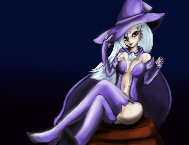 Size: 1303x1000 | Tagged: artist:gunslingerpen, breasts, clothes, derpibooru import, female, human, humanized, solo, solo female, suggestive, thigh highs, trixie