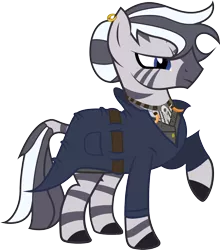 Size: 2424x2760 | Tagged: artist:duskthebatpack, clothes, coat, derpibooru import, earring, female, frown, glare, mare, necklace, oc, oc:asya, raised hoof, safe, simple background, solo, transparent background, unofficial characters only, vector, zebra