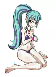 Size: 1608x2219 | Tagged: suggestive, artist:mrs1989, derpibooru import, sonata dusk, equestria girls, rainbow rocks, barefoot, bedroom eyes, belly button, bikini, blue swimsuit, bra, breasts, busty sonata dusk, cleavage, clothes, eyeshadow, feet, female, human coloration, looking at you, makeup, panties, ponytail, simple background, solo, solo female, stripping, stupid sexy sonata dusk, swimsuit, underwear, white background