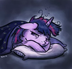 Size: 800x765 | Tagged: artist:king-kakapo, blanket, derpibooru import, floppy ears, frown, looking at you, messy mane, pillow, prone, sad, safe, sick, solo, twilight sparkle