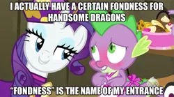 Size: 631x351 | Tagged: suggestive, derpibooru import, edit, edited screencap, screencap, rarity, spike, dragon, pony, unicorn, dragon quest, apron, blushing, caption, clothes, dress, exploitable meme, female, hub logo, image macro, implied foalcon, innuendo, male, mare, meme, naked apron, rarity's bad pickup lines, shipping, sparity, straight, text