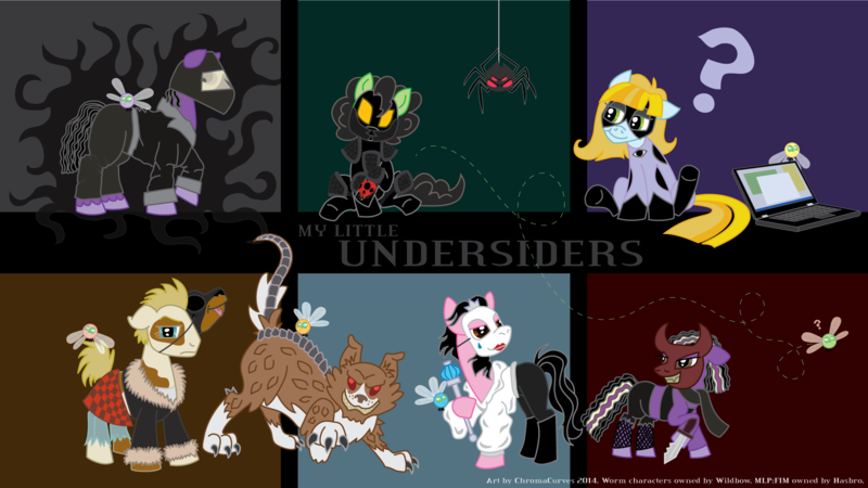 Size: 1920x1080 | Tagged: safe, artist:chromacurves, derpibooru import, winona, ponified, dog, earth pony, insect, ladybug, parasprite, pony, spider, antagonist, bitch (character), clothes, computer, dagger, dog mask, grue, hoof hold, imp (character), knife, laptop computer, mask, piebald coloring, raised paw, regent, scepter, skitter, supervillain, tattletale, undersiders, worm (series)