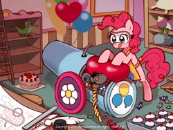 Size: 700x525 | Tagged: artist:kairean, balloon, blueprint, derpibooru import, goggles, gummy, partillery, party cannon, pinkie pie, pixiv, safe, safety goggles, smarty pants, solo, working