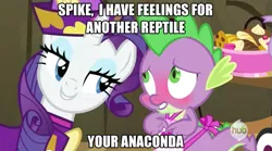 Size: 631x351 | Tagged: suggestive, derpibooru import, edit, edited screencap, screencap, rarity, spike, dragon, pony, unicorn, dragon quest, anaconda, apron, blushing, caption, clothes, dress, exploitable meme, female, hub logo, image macro, implied foalcon, innuendo, love triangle, male, mare, meme, naked apron, rarity's bad pickup lines, shipping, sparity, straight, text