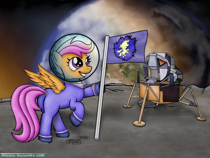 Size: 1600x1200 | Tagged: artist:mikewee, astronaut, flag, logo, lunar module, moon, safe, scootaloo, solo, spacesuit