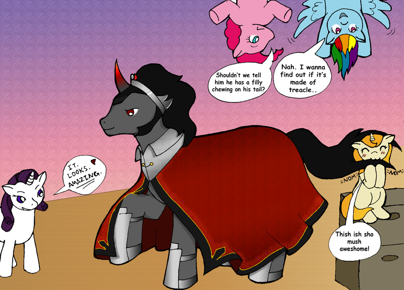 Size: 2255x1621 | Tagged: safe, artist:pixel-spark, derpibooru import, king sombra, pinkie pie, rainbow dash, rarity, oc, oc:bright spark, crystal pony, earth pony, pegasus, pony, unicorn, fanfic:from darkness to light, boots, cloak, cloaked, clothes, collar, colored horn, crown, crystal pony oc, crystal unicorn, crystal unicorn oc, curved horn, dark magic, disembodied horn, drawer, eyes closed, female, female oc, filly, filly oc, foal, group, helmet, horn, image, jewelry, jpeg, magic, male, nom, quintet, regalia, shoes, smiling, sombra horn, sombra's horn, speech bubble, stallion, stool, tail bite, unicorn oc