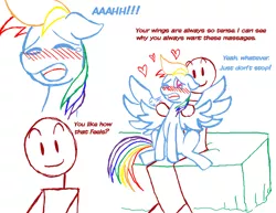 Size: 1155x893 | Tagged: artist:redanon, blushing, comic, floppy ears, massage, moaning, moaning in pleasure, oc, oc:anon, rainbow dash, suggestive, teardrop, wingjob, wing massage