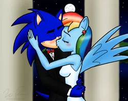 Size: 1519x1205 | Tagged: anthro, artist:sonigoku, breasts, busty rainbow dash, crossover, crossover shipping, derpibooru import, female, kissing, male, rainbow dash, safe, shipping, sonicdash, sonic the hedgehog, sonic the hedgehog (series), straight, wedding