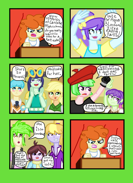 Size: 1700x2338 | Tagged: safe, artist:oneovertwo, derpibooru import, applejack, aqua blossom, blueberry cake, bright idea, cherry crash, cloudy kicks, drama letter, golden hazel, starlight, velvet sky, watermelody, equestria girls, background human, comic, patricia water melody, watermelody's campaign