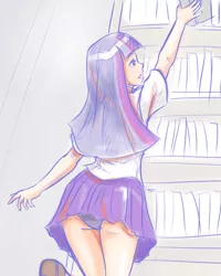 Size: 800x1000 | Tagged: artist:ninjaham, book, bookshelf, clothes, derpibooru import, female, human, humanized, miniskirt, panties, schoolgirl, school uniform, shirt, shoes, skirt, solo, solo female, suggestive, twilight sparkle, underwear, upskirt