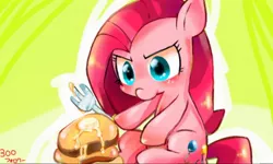 Size: 512x308 | Tagged: artist:miki 14, cute, cuteamena, derpibooru import, diapinkes, eyes on the prize, fork, glare, hoof hold, pancakes, pinkamena diane pie, pinkie pie, safe, sitting, solo