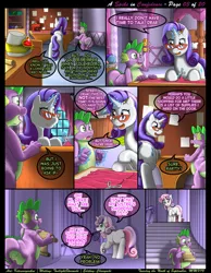 Size: 1165x1500 | Tagged: artist:kitsuneyoukai, cockblock, comic:a spike in confidence, corridor, courtship, derpibooru import, dialogue, errand, explicit source, glasses, interior, looking back, pencil, plot, pretty, rarity, rarity's bedroom, safe, scissors, scroll, sewing, shopping list, spike, sweetie belle, talking, underhoof, working