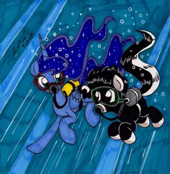 Size: 1341x1375 | Tagged: artist:newyorkx3, derpibooru import, goggles, oc, oc:tommy junior, princess luna, safe, scuba diving, scuba gear, traditional art, underwater