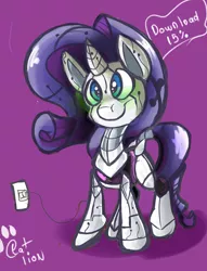 Size: 3196x4174 | Tagged: safe, artist:catlion3, derpibooru import, rarity, pony, robot, robot pony, unicorn, download, etc, female, glowing eyes, hooves, horn, mare, plug, purple background, raribot, recharging, simple background, smiling, solo, text