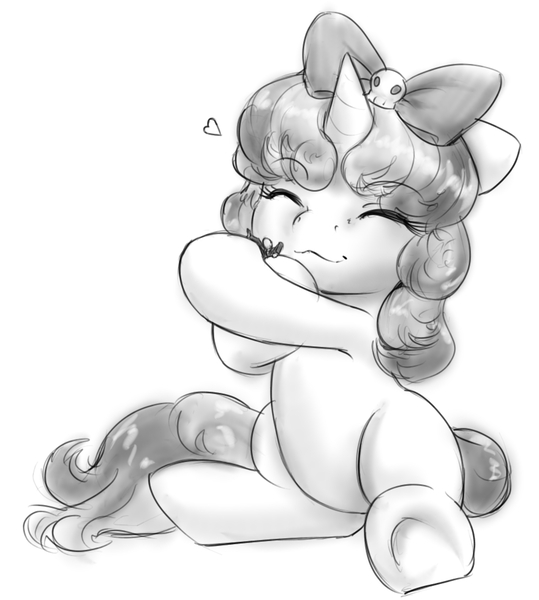 Size: 880x979 | Tagged: safe, artist:alloyrabbit, derpibooru import, sweetie belle, oc, oc:anon, human, pony, bow, crushing, cute, diasweetes, elmyra, eyes closed, giant pony, holding a human, hug, macro, monochrome, non-consensual cuddling, parody, sitting, squeezing