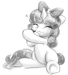 Size: 880x979 | Tagged: safe, artist:alloyrabbit, derpibooru import, sweetie belle, oc, oc:anon, human, pony, bow, crushing, cute, diasweetes, elmyra, eyes closed, giant pony, holding a human, hug, macro, monochrome, non-consensual cuddling, parody, sitting, squeezing