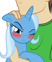 Size: 1783x2098 | Tagged: safe, artist:badumsquish, derpibooru import, trixie, oc, oc:anon, oc:generic messy hair anime anon, human, pony, unicorn, 3:, :t, blushing, cuddling, cute, diatrixes, ear scratch, female, floppy ears, frown, holding a pony, hug, human on pony snuggling, male, petting, scrunchy face, show accurate, simple background, smiling, snuggling, transparent background, tsundere, tsunderixie, vector, wavy mouth, wink
