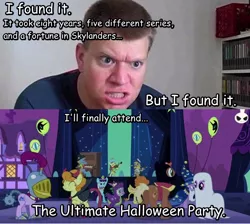 Size: 636x570 | Tagged: apple family member, chris bores, clothes, comic sans, costume, crossover, derpibooru import, edit, edited screencap, fiddlesticks, halloween, human, irate gamer, irl, irl human, luna eclipsed, monster party, nightmare night, nightmare night costume, photo, safe, screencap, spike, this will end in tears